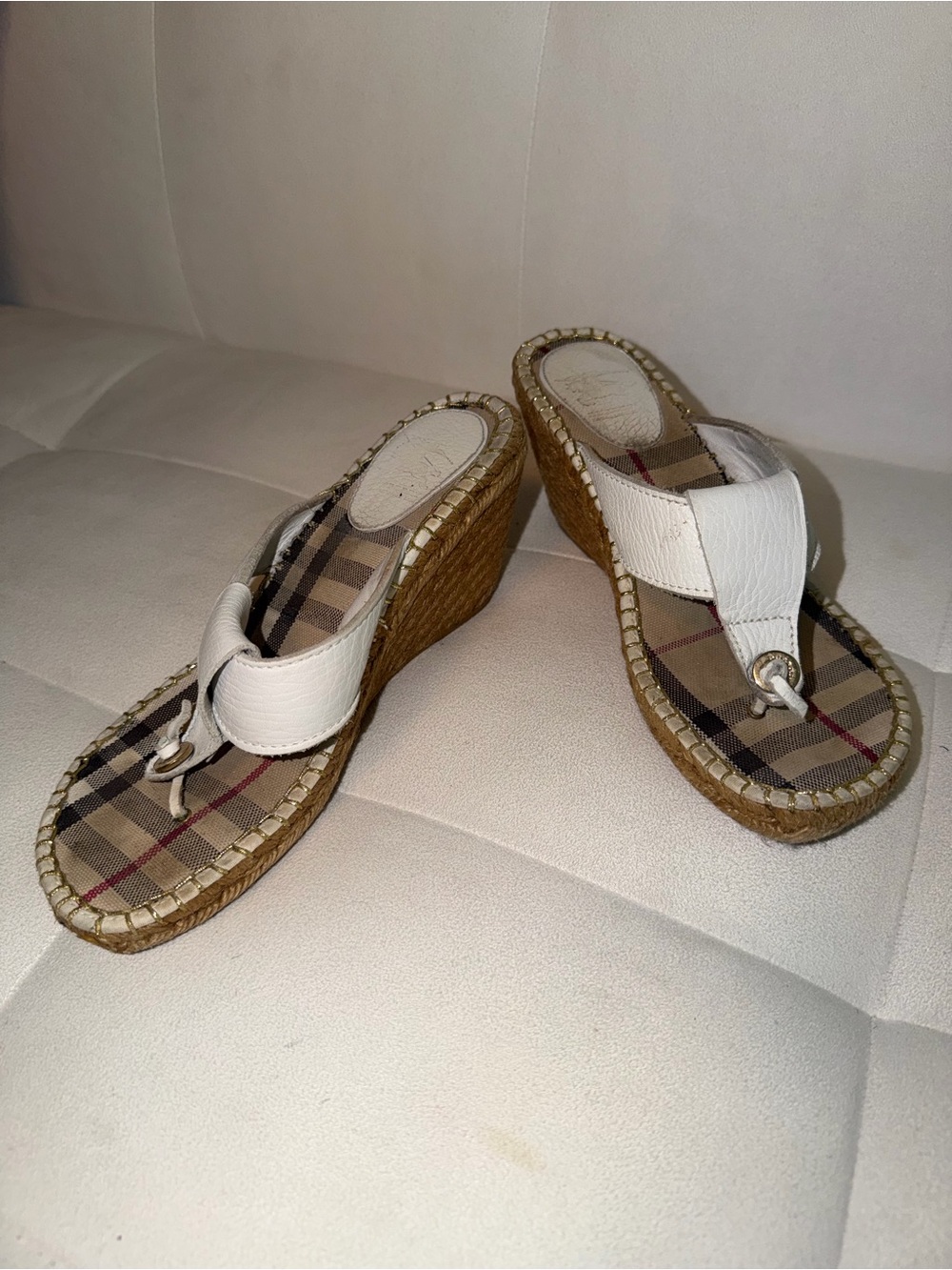 Burberry White Plaid-Insole Wedge Sandals with Leather Thong Strap